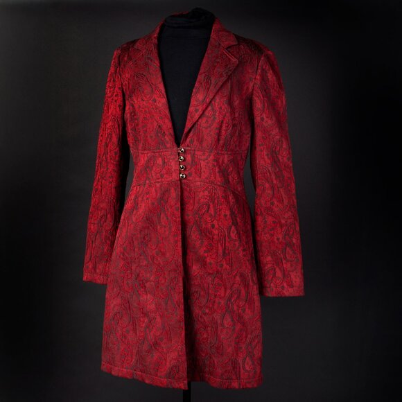 BISOU BISOU Paisley Blazer Jacquard Brocade Fitted Long Coat Dress 90s Red 6 - Picture 2 of 12